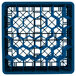A Vollrath Traex Royal Blue plastic glass rack with hexagonal compartments.