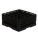 A black Vollrath Traex glass rack with 25 compartments and a grid of holes.