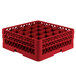 A red Vollrath plastic rack with 25 compartments for glasses.