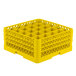 A yellow Vollrath Traex glass rack with 25 compartments.