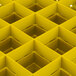 A yellow rectangular Vollrath Traex glass rack with square compartments.