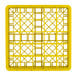 A yellow plastic Vollrath Traex glass rack with 25 compartments.
