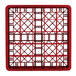 A red plastic Vollrath Traex glass rack with 25 compartments.