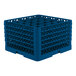 A blue plastic full-size glass rack with 25 compartments for holding glasses.