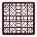 A full-size burgundy plastic glass rack with a 25-compartment grid design.