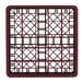 A burgundy Vollrath plastic glass rack with many rows of holes.