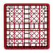 A red plastic Vollrath Traex glass rack with 25 compartments.