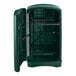A dark green Rubbermaid Plaza container with a side door open.