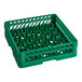 A green plastic Vollrath Traex glass rack with many small compartments and a rack extender on top.