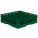 A green plastic Vollrath Traex glass rack with open rack extender on top.