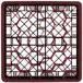 A metal Vollrath Traex rack with burgundy compartments.