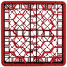 A red plastic Vollrath Traex glass rack with a metal grid structure.