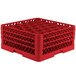 A red plastic Vollrath Traex rack with 30 compartments for small items.