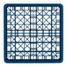 A blue plastic full-size glass rack with a 36-compartment grid design.