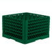 A green plastic Vollrath Traex glass rack with compartments.