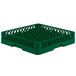 A green plastic Vollrath Traex glass rack with 30 compartments.