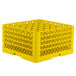 A yellow Vollrath Traex glass rack with a grid pattern.