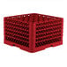 A red full-size glass rack with 36 compartments designed for holding and washing glasses.