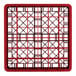 A red full-size plastic glass rack with 36 compartments and a grid-like structure.