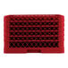 A red full-size plastic glass rack with 36 compartments and a lattice design.