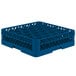 A Vollrath Royal Blue plastic glass rack with 30 compartments.