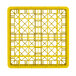 A yellow plastic Vollrath Traex glass rack with many compartments.