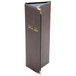 A brown leather Menu Solutions Royal Select Series menu cover with gold trim on a table in a winery cellar.