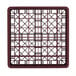 A Vollrath burgundy plastic crate with 36 square grids.