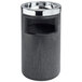 A black Rubbermaid floor ashtray/trash can with a silver metal rim.