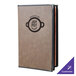 A brown leather Menu Solutions Royal Select menu cover with a logo on it.