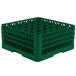 A green plastic Vollrath Traex glass rack with 36 compartments.
