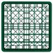 A green plastic Vollrath Traex glass rack with many small compartments.