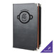 A black leather Menu Solutions Royal Select Series menu cover with a logo on it.