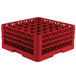 A red plastic Vollrath Traex glass rack with rows of empty compartments.