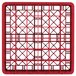 A red plastic Vollrath Traex glass rack with many rows of red bars.