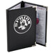 A black leather Menu Solutions Royal Select menu cover with a black and white logo on the counter.