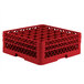 A red plastic Vollrath Traex glass rack with many compartments.