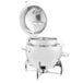 A silver Vollrath round stainless steel soup chafer with a lid.