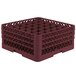 A burgundy Vollrath Traex glass rack with a grid of 36 compartments.