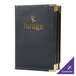 A black leather Menu Solutions Royal Select menu cover with gold text on it.