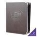 A brown leather Menu Solutions booklet cover with silver text on it.