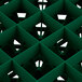 A green Vollrath Traex glass rack grid with 36 square compartments.