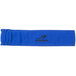 A royal blue fabric headband with a black logo on it.