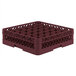 A burgundy plastic Vollrath Traex glass rack with compartments.