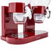 a red coffee maker with two cups