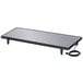 A black rectangular table with a Hatco heated shelf on it.