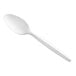 A white medium weight plastic teaspoon.