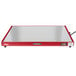 A red rectangular Hatco heated shelf with a white wire.