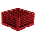 A red plastic Vollrath Traex glass rack with many compartments.