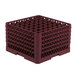 A burgundy plastic Vollrath glass rack with 49 compartments.